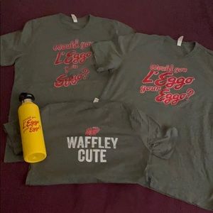 Eggo t shirts and water bottle.